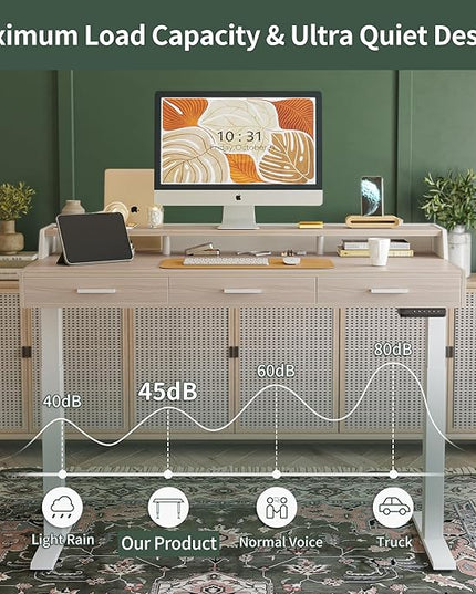 FEZIBO Electric Standing Desk with Drawers, 48x24 Inch Standing Desk Adjustable Height, Stand Up with Monitor Shelf, Sit Stand Home Office Desk, Light Walnut