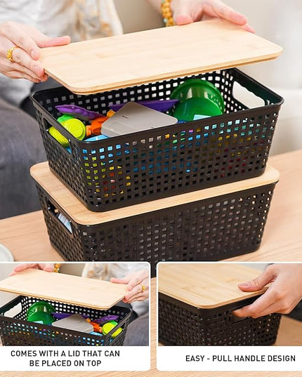 Storage Bins with Lids 6 Packs, Plastic Storage Bins with Bamboo Lids for Pantry Organization and Storage Containers for Shelves Drawers Desktop Closet Office Home, Black