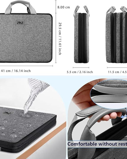ZINZ Laptop Case 15 15.6 16 inch Sleeve, Expandable Computer Hand Bag with Multi-pockets Compatible with MacBook Pro 16 inch M4/M3/M2/M1, MacBook Air/Pro 15 inch and 15-16 inch Notebooks，G01BK01