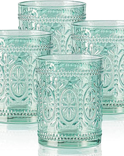Glassware set of 4, Vintage Drinking Glasses, 10oz Heavy Duty Glass Cups, Colored Glassware Set, Embossed Glasses Set for Party Wedding Home Office Glassesware Gift