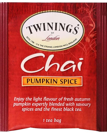 Twinings Pumpkin Spice Chai Black Tea Individually Wrapped Bags, 20 Count (Pack of 6), Warm, Spicy & Aromatic, Caffeinated, Enjoy Hot or Iced, 120 Teabags