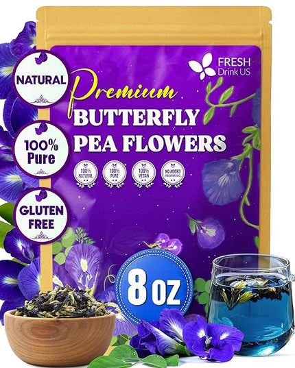 FreshDrinkUS, Premium 8oz Blue Butterfly Pea Flowers Dried – Premium Whole Flower Herbal Tea – Vibrant Blue Natural Color – Caffeine-Free Loose Flower Tea. Vegan