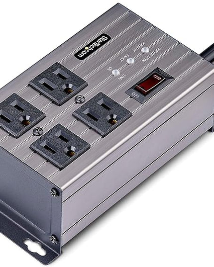 StarTech.com Flat Plug 4-Outlet Heavy Duty Industrial Power Strip 125V/15A with Surge Protector, EMI/RFI Isolation, Mountable PDU, 8ft/2.4m Extension Power Cord, NEMA 5-15P/R, TAA