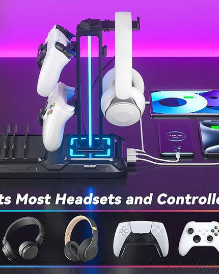 KDD Headset Stand with Charging Station - Detachable Controller Holder with 9 Light Modes - Rotatable Headphone Hanger with USB A&C Charger Ports - Earphone Hook for PC Gaming Accessories Storage