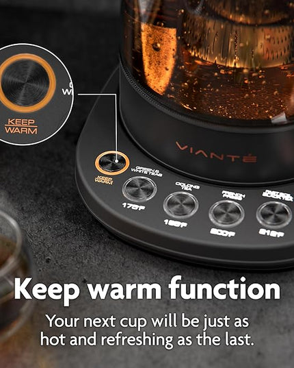 Vianté Electric Kettle With Infuser For Loose Leaf. Hot Tea Maker With Temperature Control And Automatic Shut Off. Tea Kettle With Brewing Programs. 1.5 Liters Capacity | Black Color