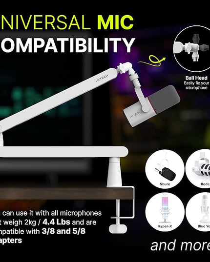 IXTECH White Microphone Boom Arm Stand Low Profile Boom Arm Adjustable Mic Stand with Built In Cable Management 360° Swivel Mic Arm.