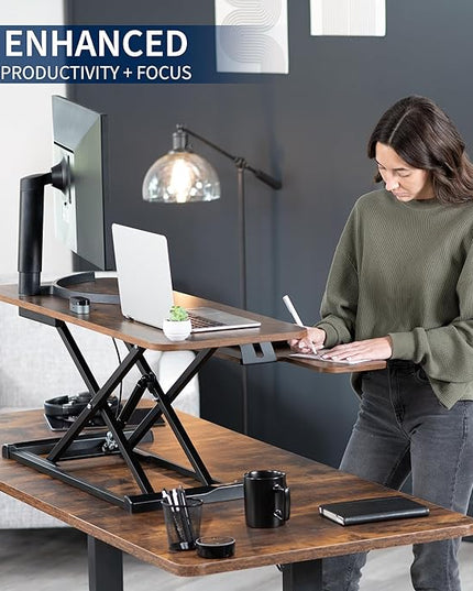 VIVO 42 inch Desk Converter, K Series, Height Adjustable Sit to Stand Riser, Dual Monitor and Laptop Workstation with Wide Keyboard Tray, Rustic Vintage Brown Top, Black Frame, DESK-V042KN