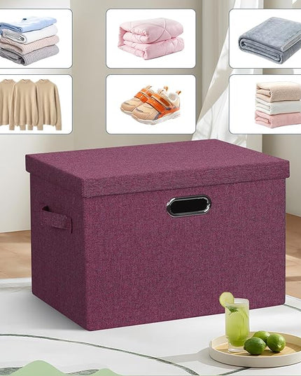 Large 17" 36 Quart Collapsible Stackable Storage Bins with Lids, 3 Packs Purple Linen Fabric Closet Boxes with Lids, Storage Cube Baskets Container Organizers for Bedroom Office (17x12x11)