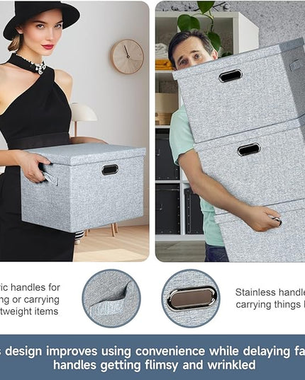 Large 17" 36 Quart Collapsible Stackable Storage Bins with Lids, 3 Packs Blue-Grey Linen Fabric Closet Boxes with Lids, Storage Cube Baskets Container Organizers for Bedroom (17x12x11)