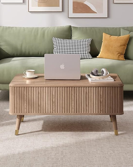 JOINICE Lift Top Coffee Table with Storage,Natural Wood Center Table for Living Room, Modern Farmhouse Oak Fluted Design,Pop-Up Desk for Work & Dining