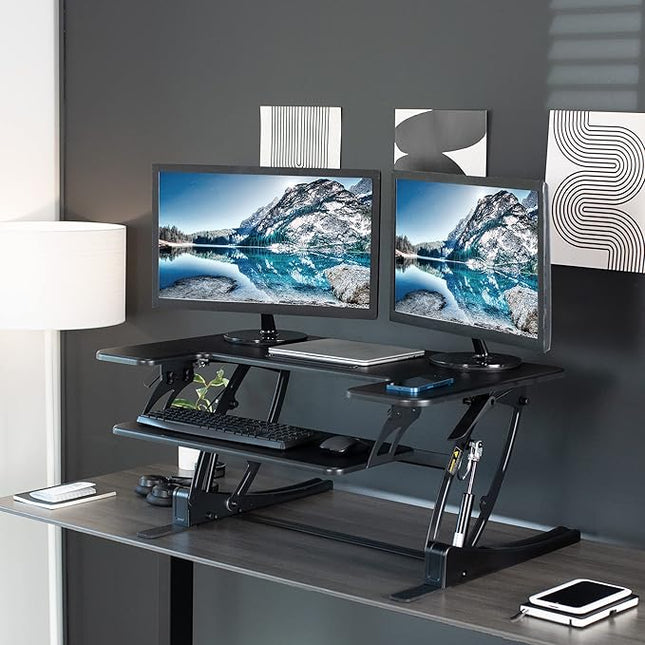 VIVO 36 inch Height Adjustable Stand Up Desk Converter, V Series, Quick Sit to Stand Tabletop Dual Monitor Riser Workstation, Black, DESK-V000V