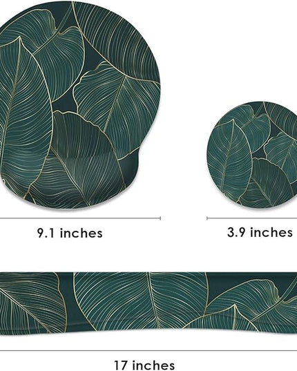 Britimes Ergonomic Mouse Pad Set with Wrist Rest Green Palm Leaves Non-Slip Rubber Base Wrist Cushion Support and Coasters Mousepad with Wrist Support for Computer Keyboard and Desk