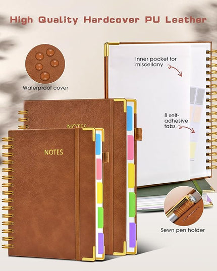Hardcover Spiral Notebook journal with Removable Dividers Tabs, 300 Pages Leather 5 Subject Notebook College Ruled,A5 Notebooks for Work School Note taking,Lined Journal for Women,A5 Light Brown