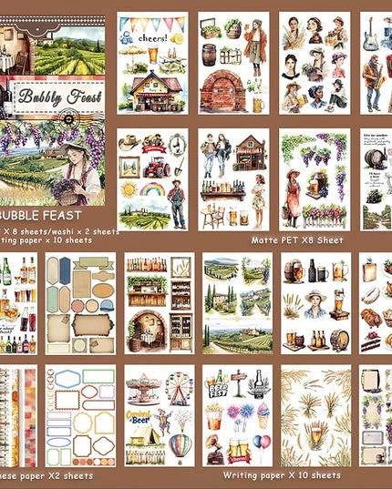 Snycler Sticker Book - 20 Sheets Vintage PET Stickers for Scrapbooking, Junk Journaling, Ephemera, and Decorative Crafts-Bubbly Feast