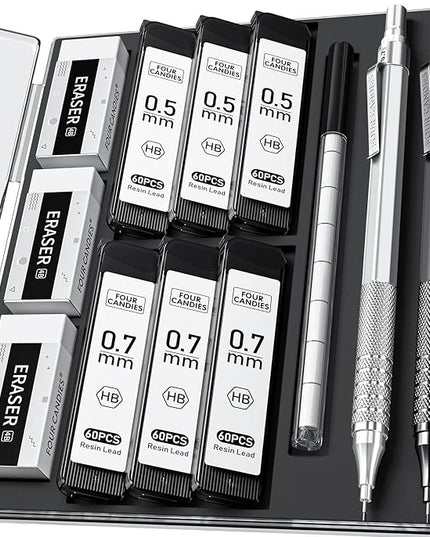 Four Candies 2PCS Metal Mechanical Pencils Set with Case, 0.5mm & 0.7 mm Artist Pencil with 6 Tubes (360PCS) HB Lead Refills, 3 Erasers,9 Eraser Refills For Writing Drafting, Drawing, Black&Silver