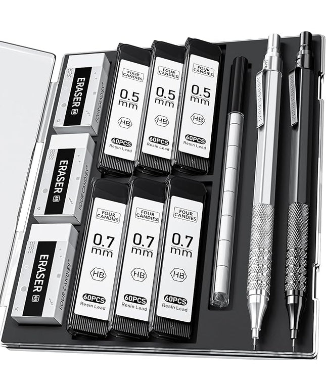 Four Candies 2PCS Metal Mechanical Pencils Set with Case, 0.5mm & 0.7 mm Artist Pencil with 6 Tubes (360PCS) HB Lead Refills, 3 Erasers,9 Eraser Refills For Writing Drafting, Drawing, Black&Silver