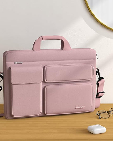 MOSISO Laptop Shoulder Bag 15.6 inch, 15-15.6 inch Computer Bag Compatible with MacBook Pro 16 inch, HP, Dell, Lenovo, Notebook with 2 Raised&1 Flapover&1 Horizontal Pocket&Handle&Belt, Pink