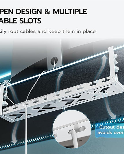 ARES WING 17"-28.7" Extendable Under Desk Cable Management Tray with Cable Slots, Clamp On Cord Organizer Holds Up to 11 lbs, White Metal Under Desk Storage for Office and Gaming Accessories