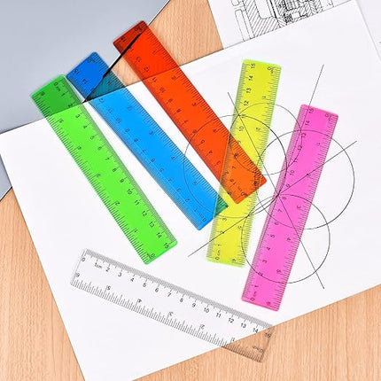 Unjoo Clear Plastic Ruler 6 Inch Straight Rulers, Bulk Assorted Colors, Shatterproof Ruler with Inches and Centimeters for School Classroom, Home, or Office (8 Pack)