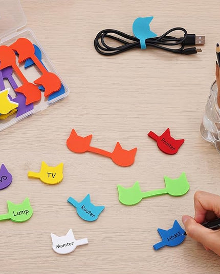 Trilancer Cord Labels Cable Label, Multicolored Handwriting Cord Tags - Kitty Head Shape Tags for Organizing Wires and Identification, Reusable with Multiple Uses - 32 PCS