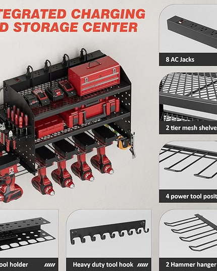 Power Tool Organizer Wall Mount with Charging Station, 8 Outlet Heavy Duty Metal Garage Tool Storage Rack, 23 Inch 3 Tier Shelves for Workshop & Garage Organization