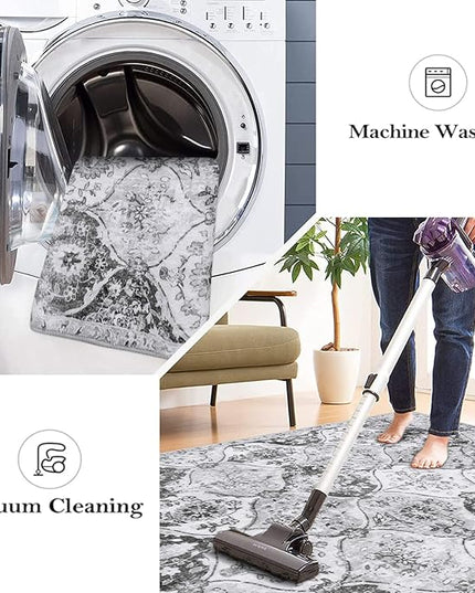 Lahome Moroccan Trellis Washable Rug, 2x3 Kitchen Rugs for Entryway Bathroom, Non-Slip Indoor Door Mat Ultra-Thin, Small Oriental Throw Carpet for Bedroom Entry, Silver/Grey