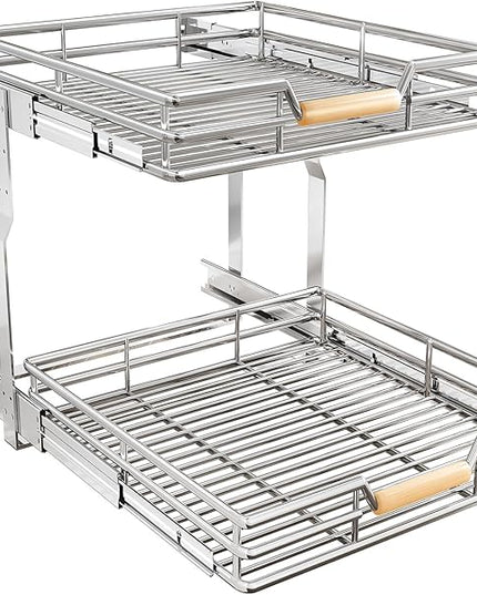 Pull out Cabinet Organizer, 2 Tiers 23"W X 21"D, Heavy Duty Smooth Sliding Under Cabinet Shelves for Pots and Pans, Full-Extension Roll out Drawers, Slide out Organization for Home Kitchen Pantry