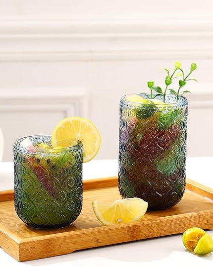 Blue Drinking Glasses Set of 8, 12 Oz Highball & 10 Oz Cocktail Glasses, Blue Kitchen Vintage Glassware Set, Floral Embossed Glass Tumbler Cups for Water, Beer, Juice, Whiskey, Coffee