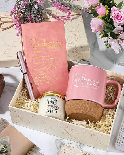 4 Pcs Difference Maker Gift for Women Men Teacher Employee Appreciation Gift for Coworker Staff Coach Difference Maker Mug Notebook Scented Candle Motivational Ballpoint Pen for Valentines(Pink)