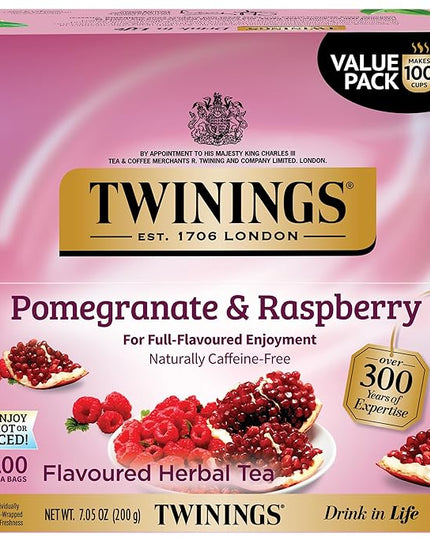 Twinings Pomegranate & Raspberry Herbal Tea Individually Wrapped Bags, 100 Count (Pack of 1), Naturally Caffeine-Free, Enjoy Hot or Iced, 100 Teabags