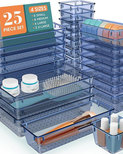 WOWBOX 25 PCS Plastic Drawer Organizer Set, 4 Sizes Desk Drawer Divider Organizers and Storage Bins for Makeup, Jewelry, Gadgets for Kitchen, Bedroom, Bathroom, Office, Clear Dark Blue