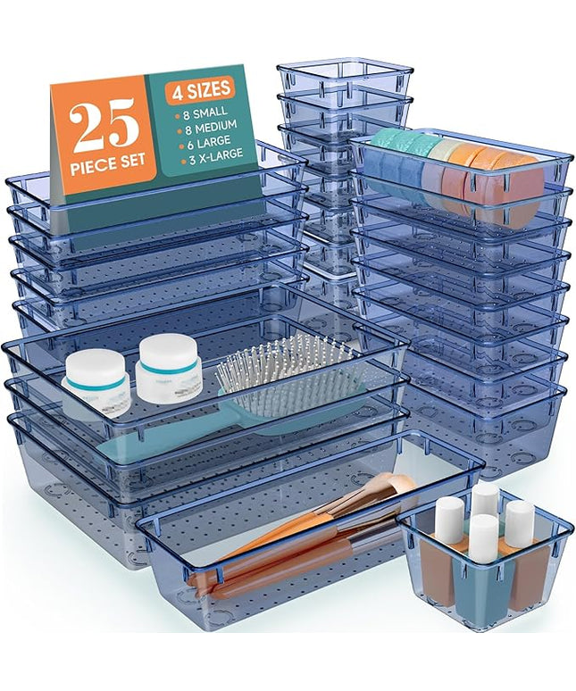 WOWBOX 25 PCS Plastic Drawer Organizer Set, 4 Sizes Desk Drawer Divider Organizers and Storage Bins for Makeup, Jewelry, Gadgets for Kitchen, Bedroom, Bathroom, Office, Clear Dark Blue