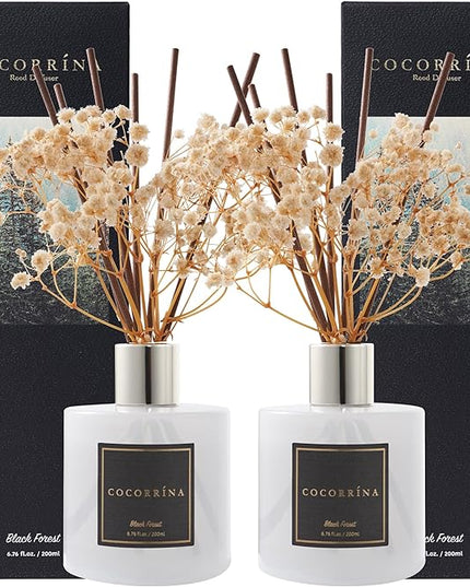 Cocorrína Premium Reed Diffuser Set with Preserved Baby's Breath & Cotton Stick Black Forest 2 Packs, 6.7oz Scent Fragrance Oil Diffuser for Bedroom Bathroom Home Décor