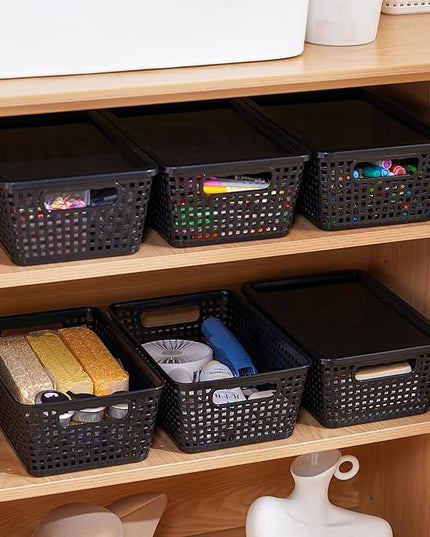 Plastic Storage Baskets With Lid, Storage Bins for Organizing, Stackable Decorative Containers for Shelves Drawers Desktop Closet Playroom Classroom Office, 6 Pack-Black