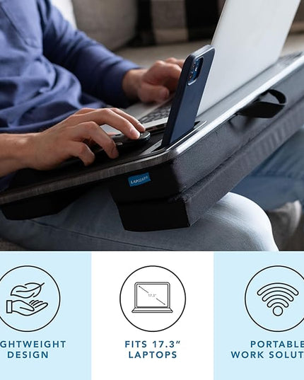 LAPGEAR Extra Large Adjustable Lap Desk – Fits Laptops up to 17.3”, Adjustable Cushion, Memory Foam Wrist Rest, Mouse Pad, Device Ledge, & Phone Slot – Black Carbon - Style No. 88108