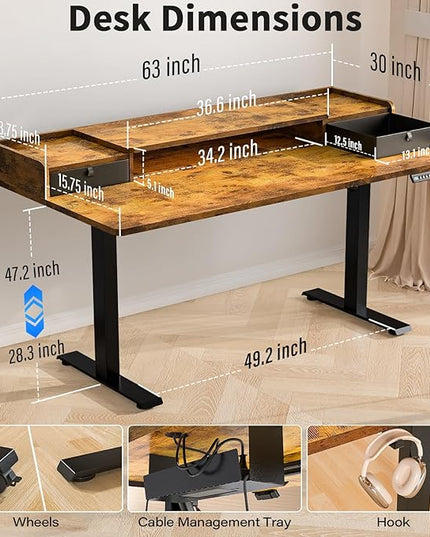 Kingant 63 x 30 Inch Standing Desk with Drawers, Adjustable Height Electric Sit Stand Desk with Storage Shelf, Rising Stand Up Computer Desk for Home Office Workstation, 3 Preset Heights(Rustic Brown)