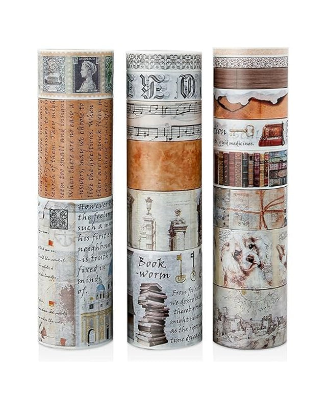 18 Rolls Vintage Washi Tape Set, Castle Stamp Music Retro Masking Tape 5/10/15/20/25/30/50/75mm Wide 6.56ft Long Decorative Scrapbook Tape for journaling, Scrapbooking Supplies, Junk Journal Craft