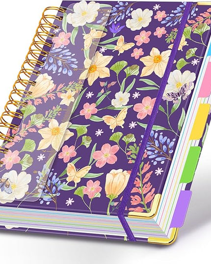 Spiral Journal Notebooks for Work, 300 Pages 5 Subject Notebook College Ruled with Dividers & Tabs, 8''x 10'' Large Notebook Journal for Women Students Note-Taking and Organizer (Purple Floral)