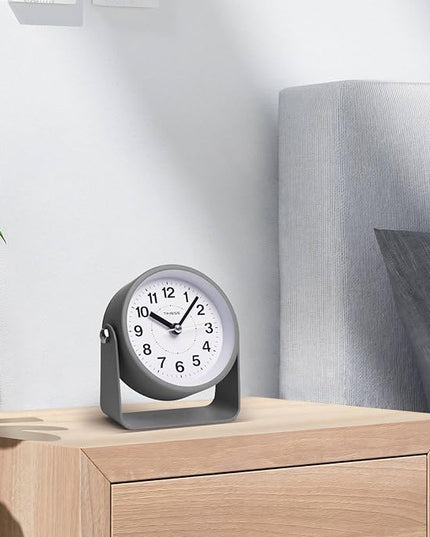 Analog Alarm Clock, Silent Non-Ticking Quartz Movement, Battery-Operated with Snooze & On-Demand Light, Easy to Set Gentle Wake Bedside Desk Clock, Ideal for Home, Travel, Office (Gray)