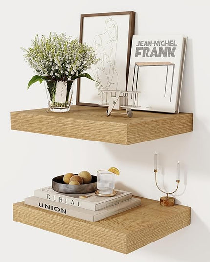 12 Inch Deep Floating Shelves, 16 x 12 Floating Shelf for Books, Rustic Wood Deep Wall Shelves for Home Storage & Display, 2" Thicked Shelves for Kitchen, Living Room, Bedroom, Oak Color, 2 Pack