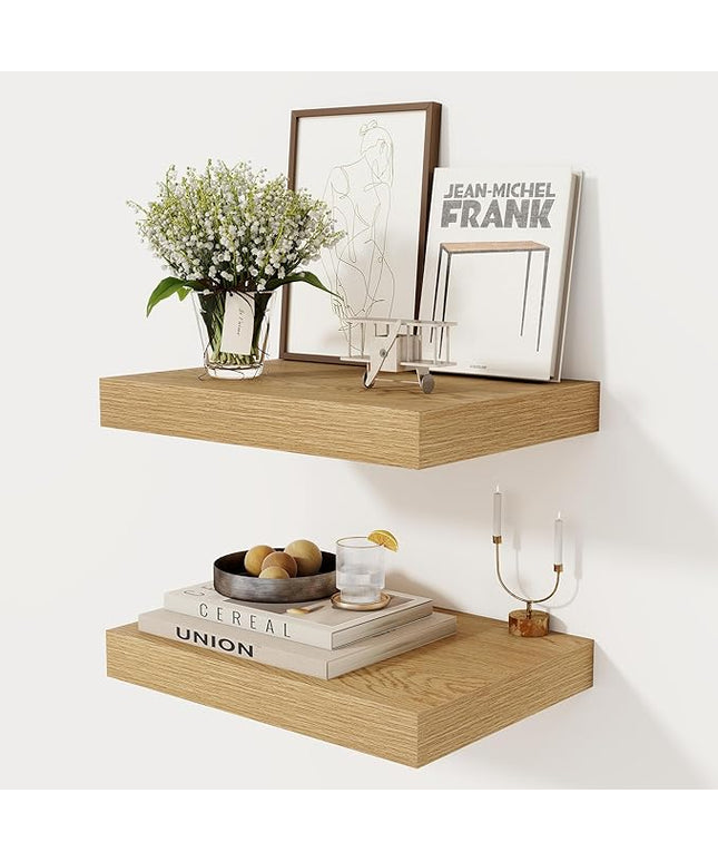 12 Inch Deep Floating Shelves, 16 x 12 Floating Shelf for Books, Rustic Wood Deep Wall Shelves for Home Storage & Display, 2" Thicked Shelves for Kitchen, Living Room, Bedroom, Oak Color, 2 Pack