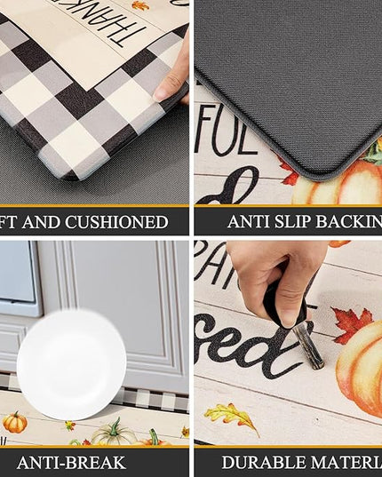 Pauwer Fall Kitchen Rugs Set of 2, Pumpkin Decorative Anti Fatigue Kitchen Mats for Floor, Farmhouse Buffalo Plaid Kitchen Mat Cushioned, Non Slip Kitchen Runner Floor Carpet Autumn Thanksgiving Decor