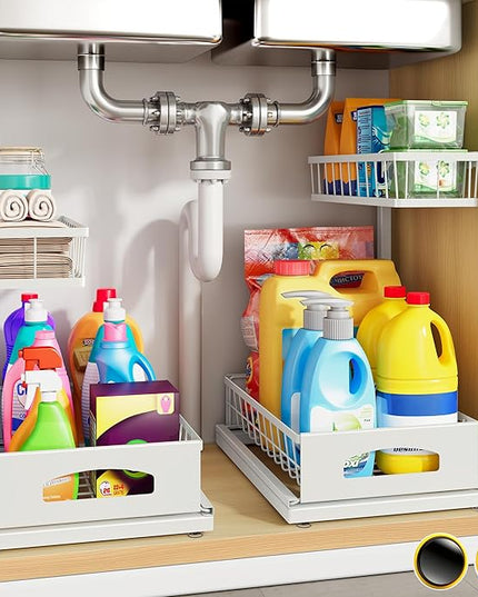 Under Sink Organizer, 2 Pack Height Adjustable Cabinet Organizer with Slide Out Drawer, Pull Out Under Sink Storage, Multi-Purpose 2 Tier Sink Shelves for Kitchen Bathroom Pantry (White, 2 Pack)