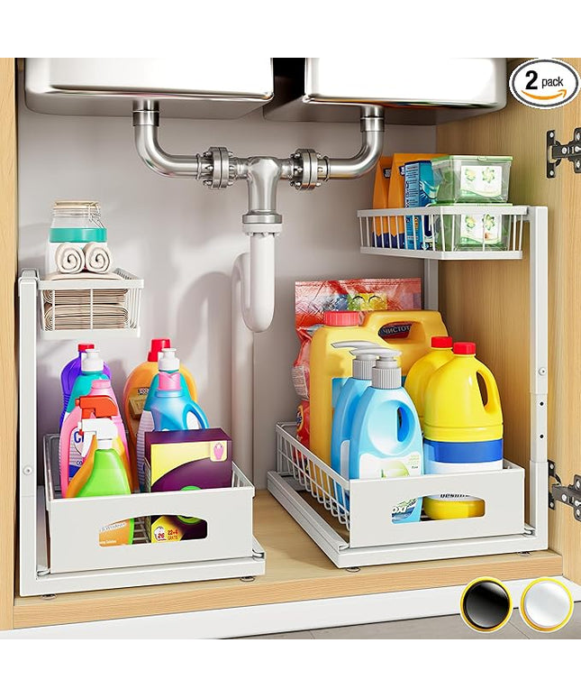 Under Sink Organizer, 2 Pack Height Adjustable Cabinet Organizer with Slide Out Drawer, Pull Out Under Sink Storage, Multi-Purpose 2 Tier Sink Shelves for Kitchen Bathroom Pantry (White, 2 Pack)
