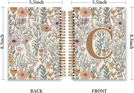 JXREQ Vintage Boho Floral Personalized Notebook, Initial Letter C Notebook Journal, Monogram Notebook, Monogrammed Gifts for Women, Boho Office Supplies, Flower Spiral Notebook 5.5x8.3