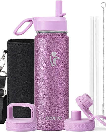 Coolflask Water Bottle 24 oz Insulated with Straw, Stainless Steel Metal 3 Lids Water Flask Wide Mouth for Sports or Office, Non-BPA Keep Cold Up to 48 Hrs or Hot Up to 24 Hrs, Glitter Pink