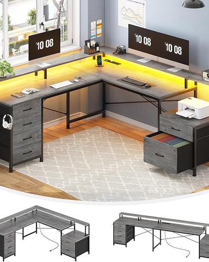 SEDETA L Shaped Desk with 6 Drawer, 108" Home Office Desk with File Drawer & Power Outlet, Corner Computer Desk with Monitor Shelf, Two Person Desk, Gaming Desk with Led Lights, Grey