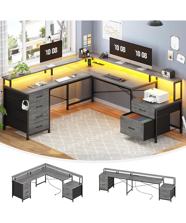 SEDETA L Shaped Desk with 6 Drawer, 108" Home Office Desk with File Drawer & Power Outlet, Corner Computer Desk with Monitor Shelf, Two Person Desk, Gaming Desk with Led Lights, Grey
