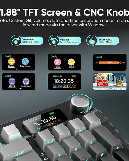 RedThunder K95 Wireless Mechanical Keyboard,TFT Screen & Knob, Trip-Modes Connection, Gasket Custom Hot-Swap Keyboard, RGB Backlit, Pre-lubed Linear Switches, Side Printed PBT Keycaps, Gray Gradient