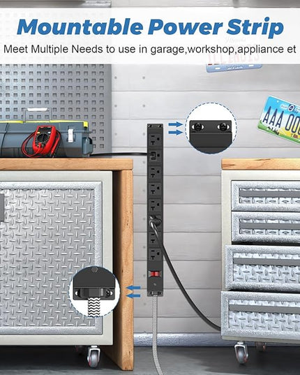 HEZI 20 Amp Power Strip Surge Protector 1200J, Metal 8 Outlets Heavy Duty 20amp, 15Ft 12 Gauge Extension Cord for Appliance Workbench Garage Industrial, Combine with T-Plug Adapter,5-20R T-Slot